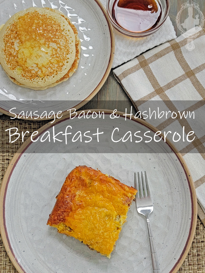 Overhead view of a serving of breakfast casserole on a plate with a serving of pancake on another plate.