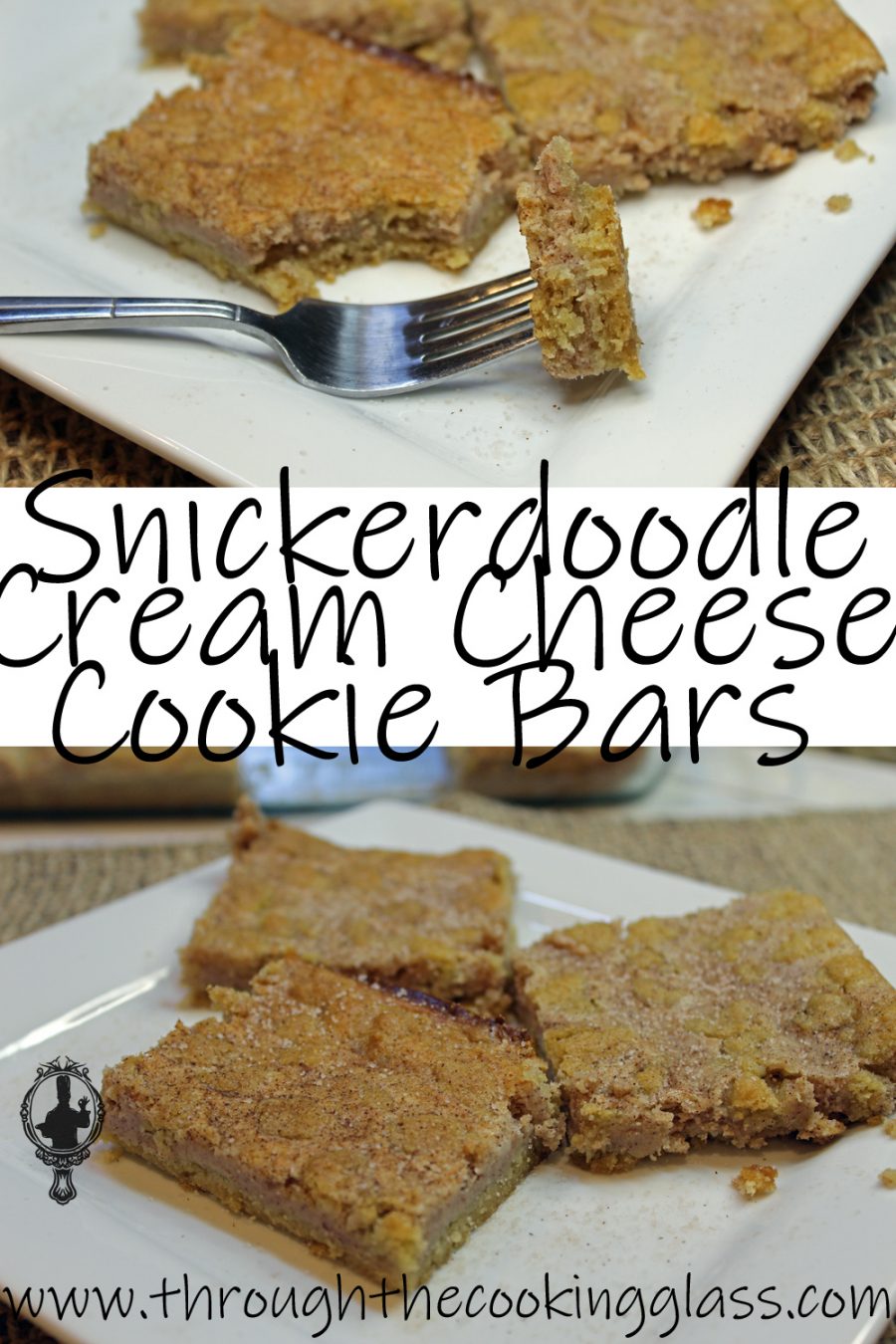 Top image has 3 cream cheese bars on a plate with a corner cut off on a fork ready to eat. The bottom image shows all 3 cream cheese bars without the bite missing from one.