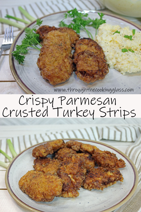 Close up and plateful of Parmesan Crusted Turkey Strips