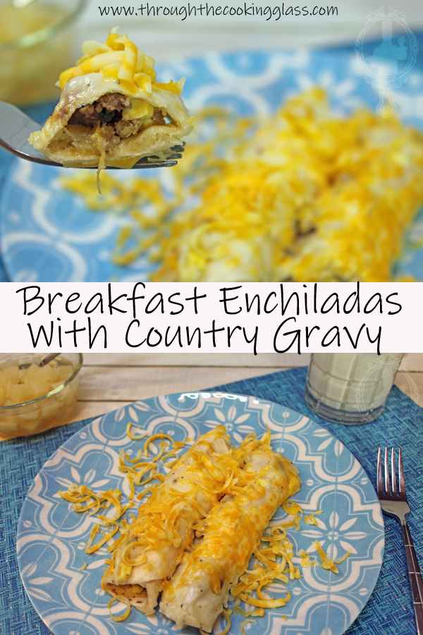 2 pictures. Top picture is a close up of 2 breakfast endchiladas on a blue plate.  The bottom is a picture zoomed out some of the breakfast enchiladas.