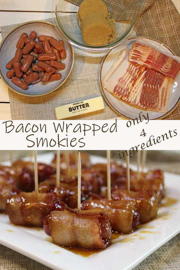 Top picture shows the ingredients needed to make Bacon Wrapped Smokies. The bottom picture shows a bunch of lil smokies with toothpicks on a serving plate.