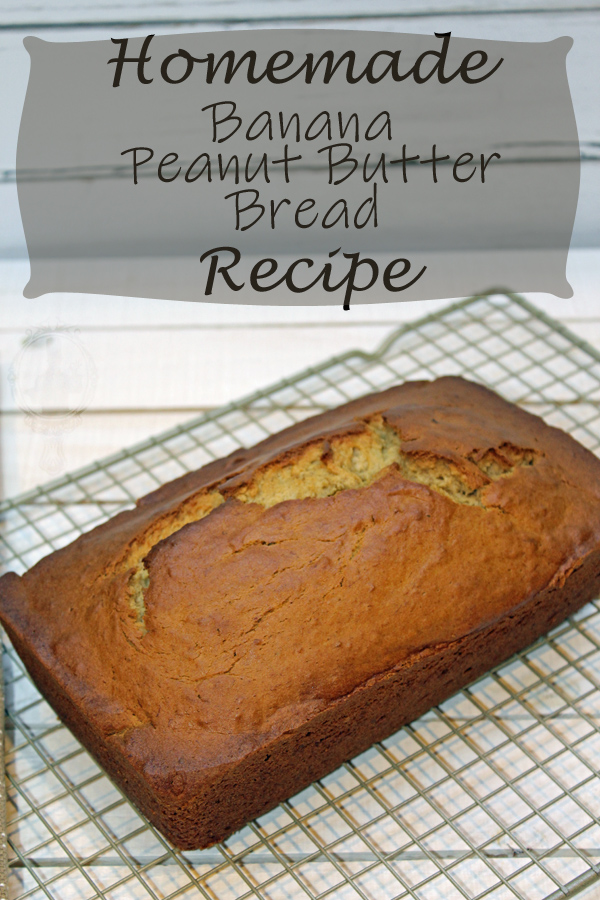 Loaf of Banana Peanut Butter Bread on a cooling rack.