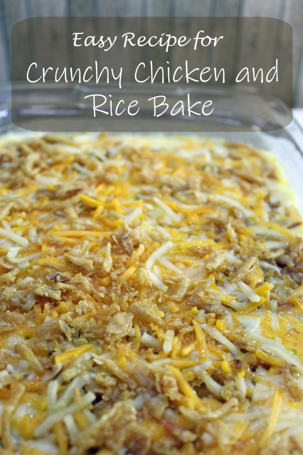 Casserole Dish full of Crunchy Chicken and Rice Bake