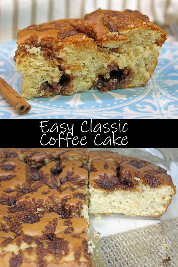 Top picture shows side view of a slice of coffee cake on a plate. The bottom picture shows the coffee cake in the baking dish with a couple of slices missing.