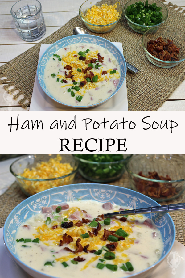 Top image is an overhead shot of a bowl of the ham and potato soup with toppings and the toppings are in smaller bowls behind it. The bottom image is a 45° angle of the same picture, but much closer to the bowl of soup.