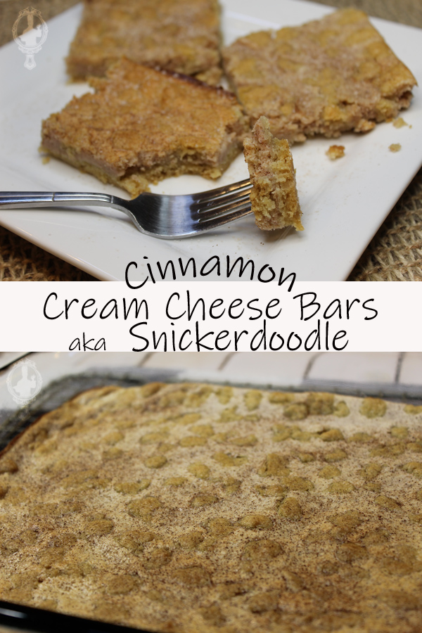 Top image has 3 cream cheese bars with a bite on a fork ready to eate. The bottom image shows the cream cheese bars just out of the oven, uncut.