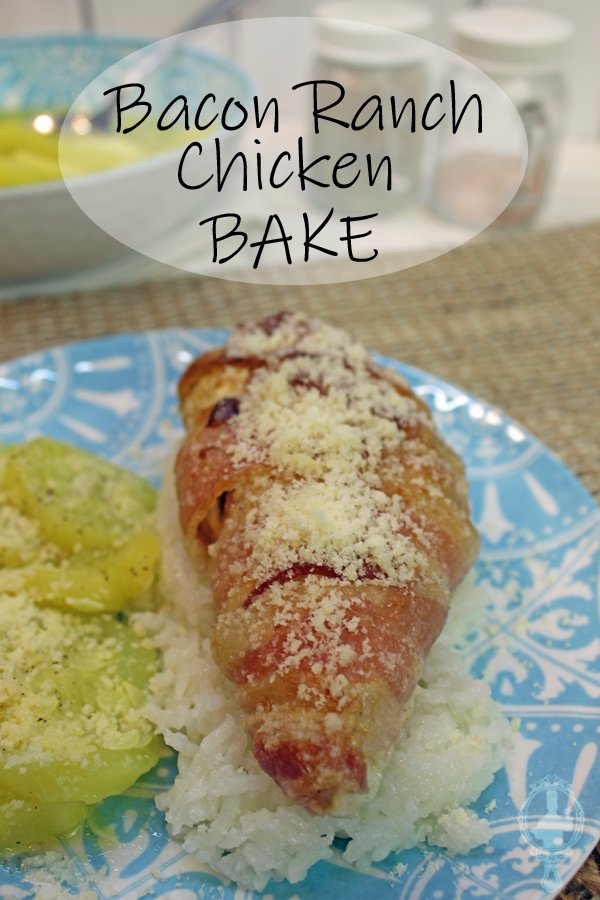 Bacon Ranch Chicken resting on a pile of white rice with a serving of sauteed squash on the side.