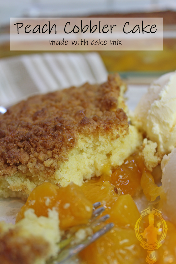 A piece of peach cobbler cake, 2 scoops of ice cream and a bite of the cobbler cake ready to eat!