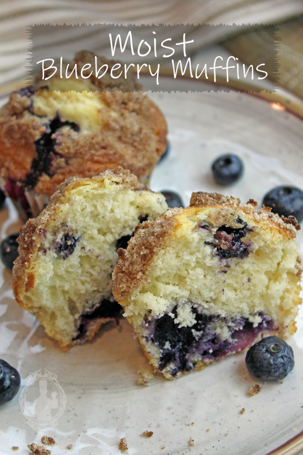 Two halves of a blueberry muffin along with a whole blueberry muffing on a plate surrounded by fresh blueberries.
