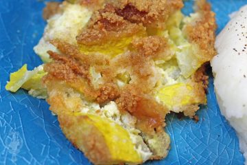 A serving of baked squash casserole on a plate ready to eat.