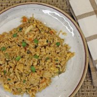 Overhead view of a plate with chicken fried rice.