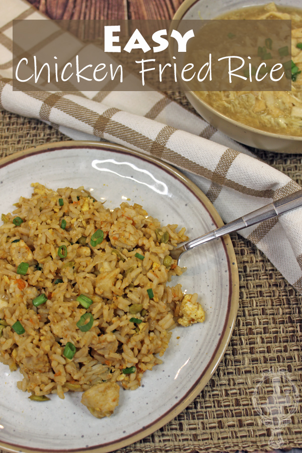 Overhead view of a plate of chicken fried rice.