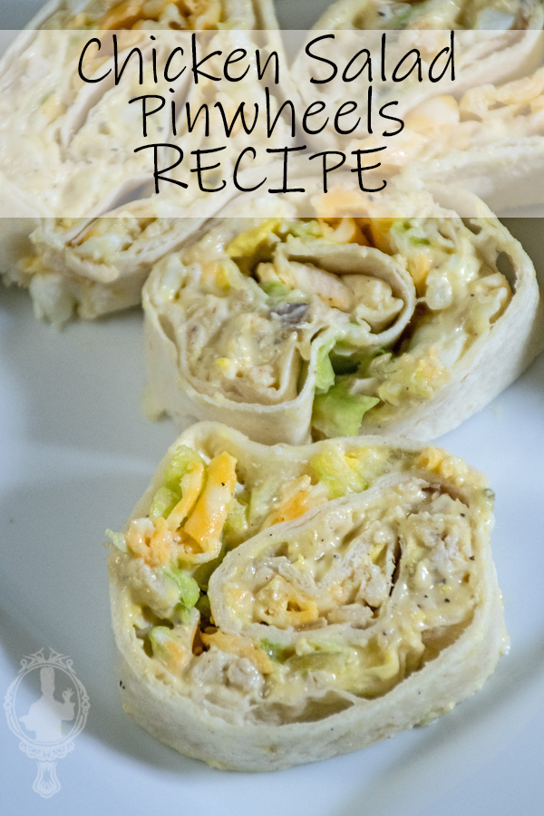 Close up of sliced chicken salad pinwheels.