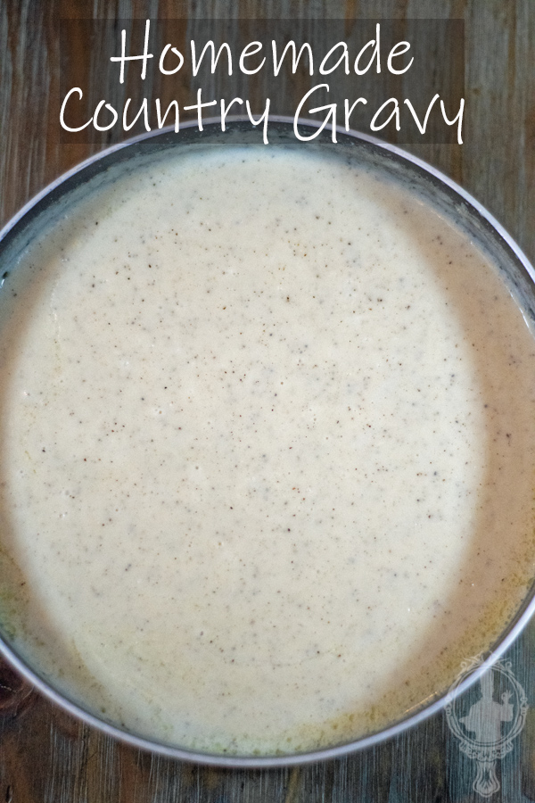 Overhead view of a frying pan full of ready to serve country gravy.