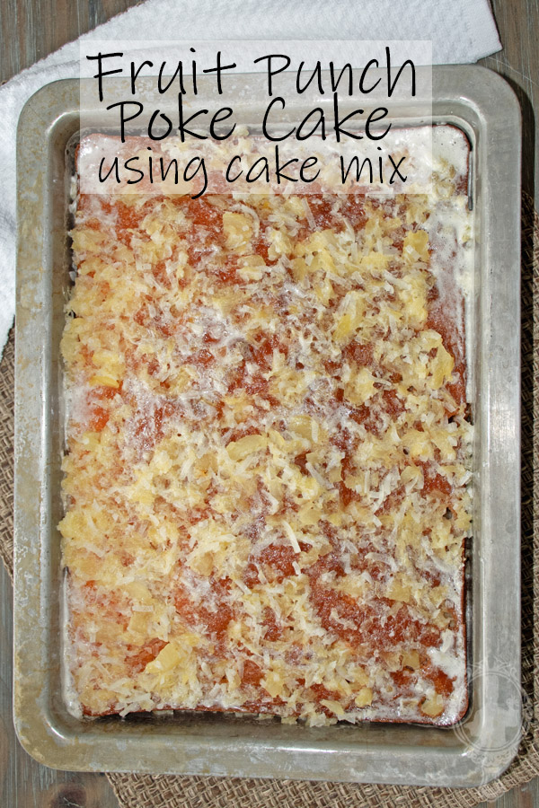 Overhead view of the fruit punch cake before cutting servings from.