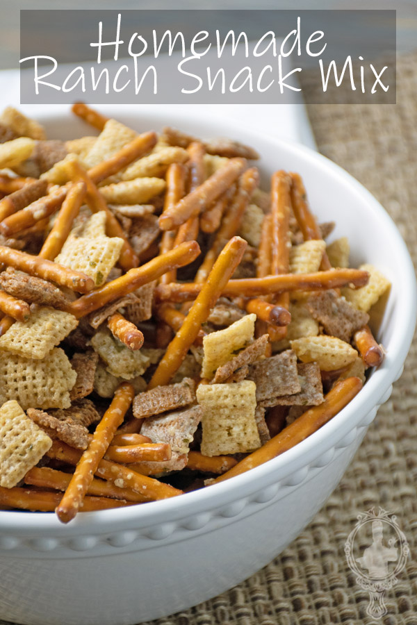 Close up of a bowl of ranch snack mix.