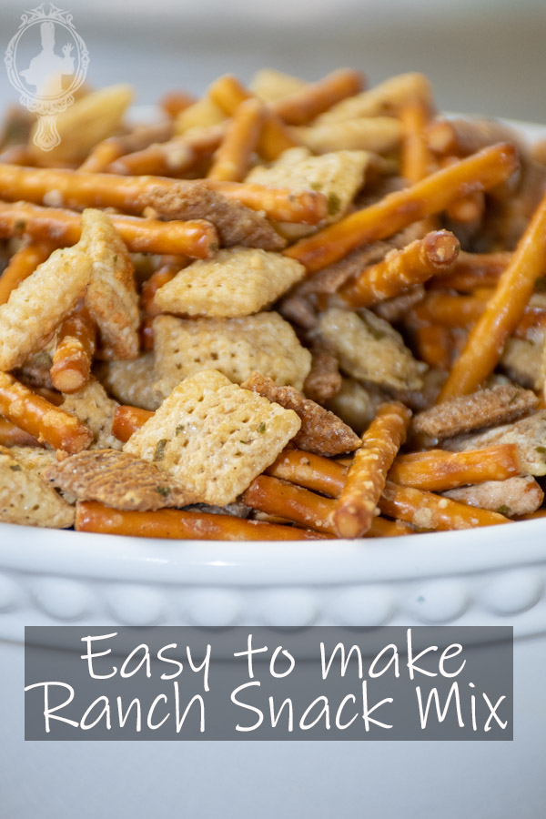 Direct, close up view of ranch snack mix.