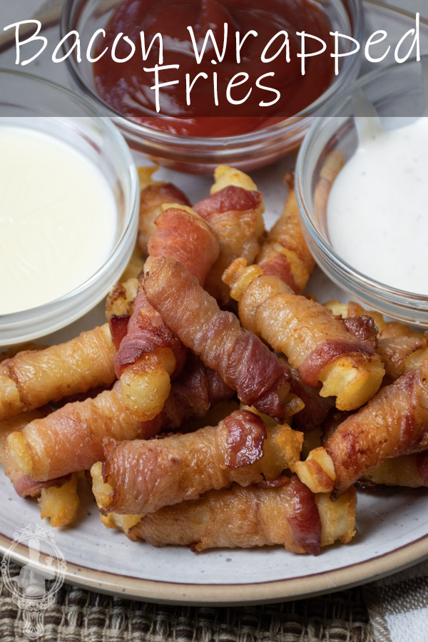 Overhead view of a serving of bacon fries with condiments on the side.