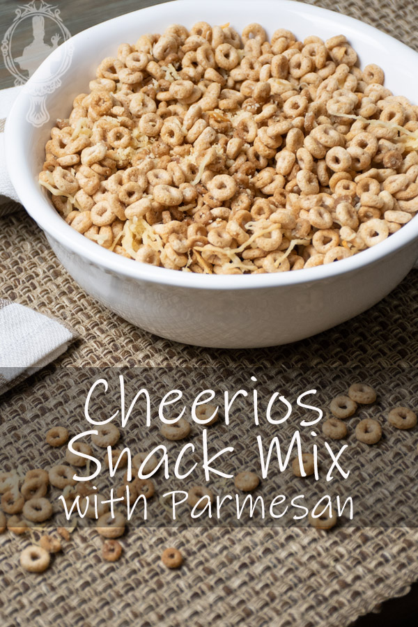 Angled view of a serving bowl full of Cheerios Snack Mix.