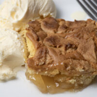 Overhead, close up view of a slice of apple cobbler cake.