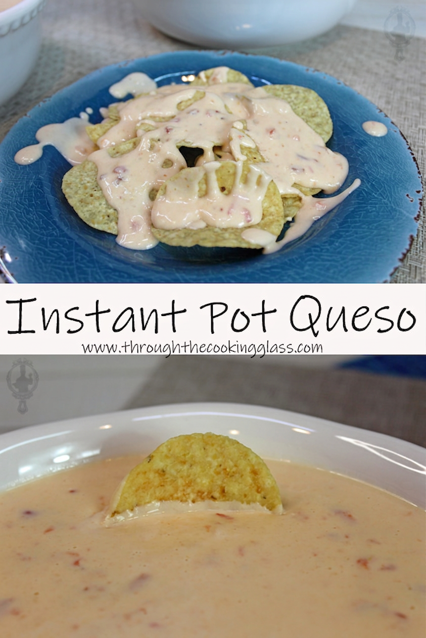 Instant Pot Queso Two pictures of Instant Pot Queso. Top shows the queso drizzled over chips and the bottom one shows a chip sticking out of the bowl of queso.