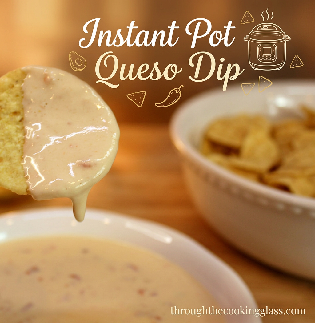 Instant Pot Queso A tortilla chip with the queso dip dripping off of it.