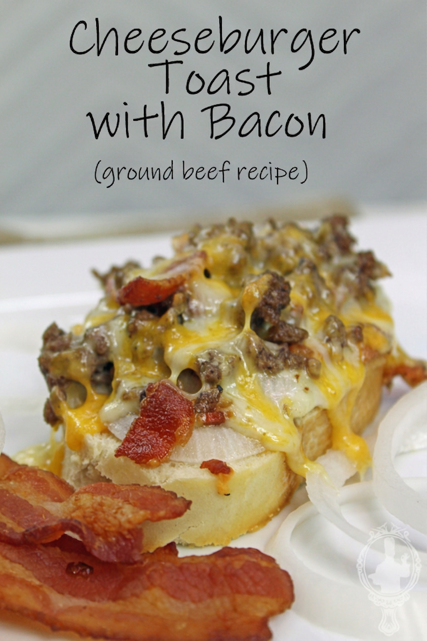 One slice of Bacon Cheeseburger Toast with 2 slices of bacon and a few rings on the onion on the side.