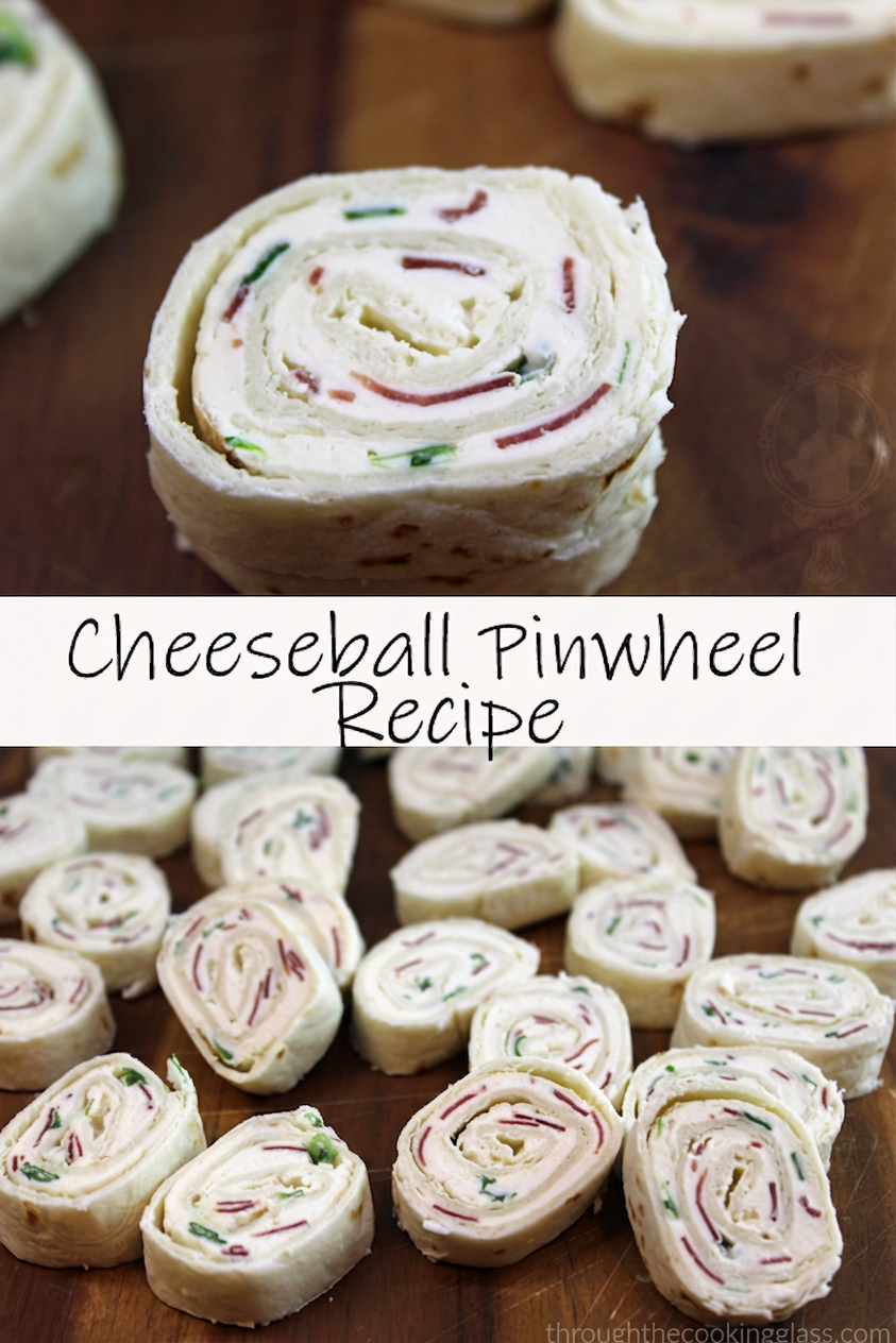 Cheeseball Pinwheels Top picture is a close up of a cheeseball pinwheel and the bottom has many on a wooden tray.