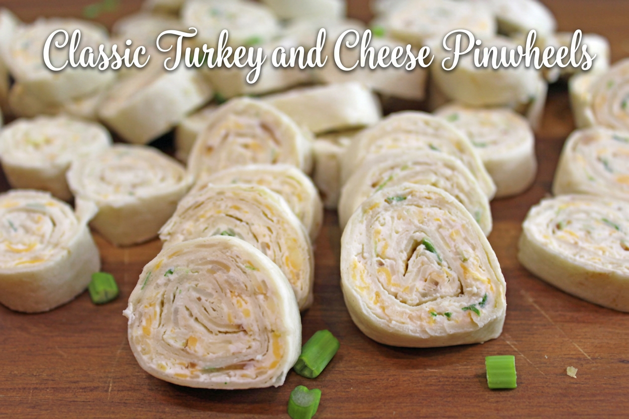 Classic Turkey and Cheese Pinwheels Close up of two rows of pinwheels, front view